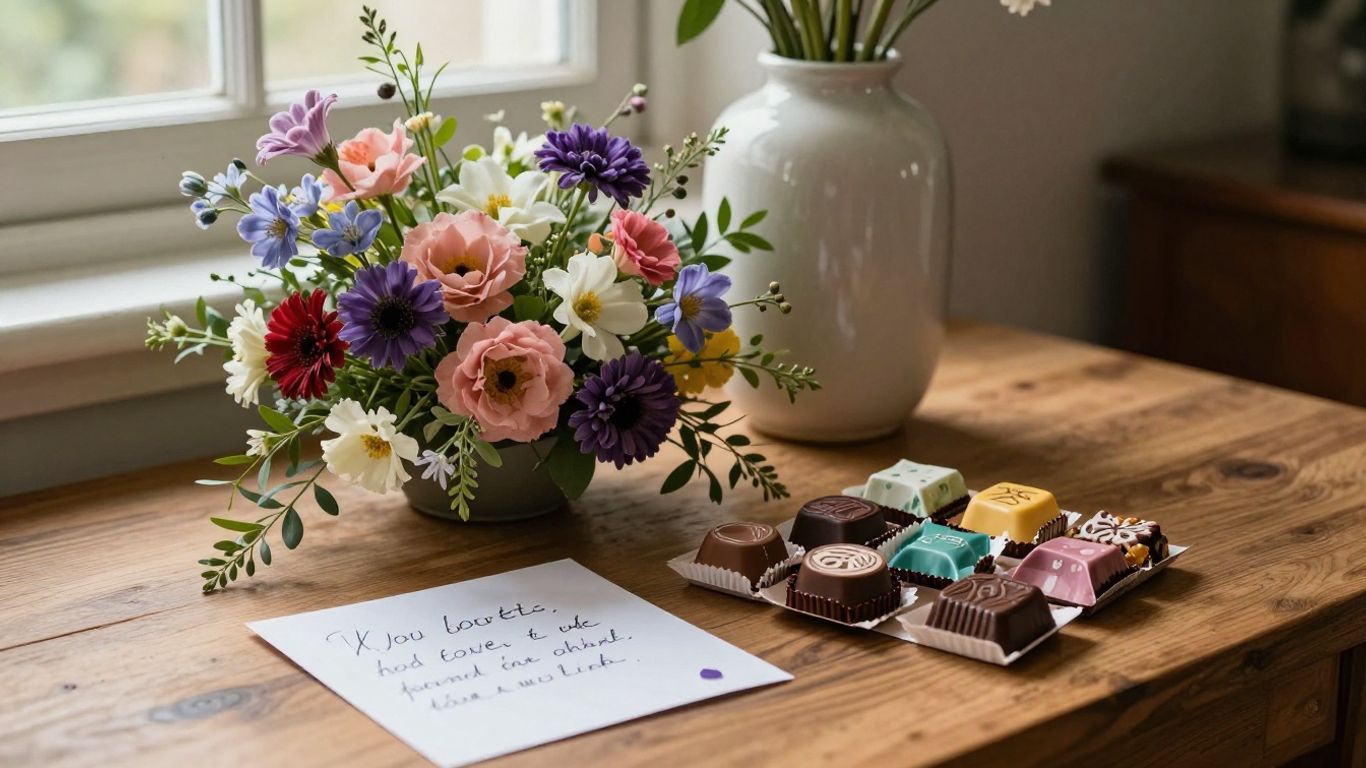 Handwritten card beside flowers and a ceramic vase