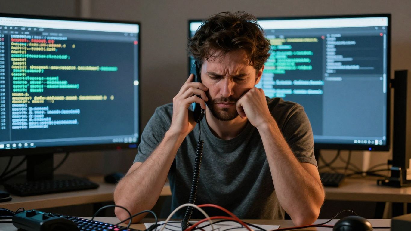 Persona frustrada con soporte técnico y computadora con errores.
