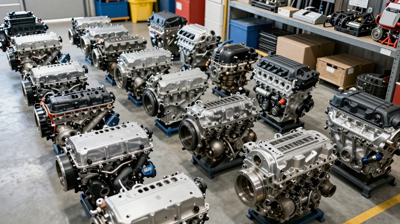 Photographic variety of car engines in bright warehouse