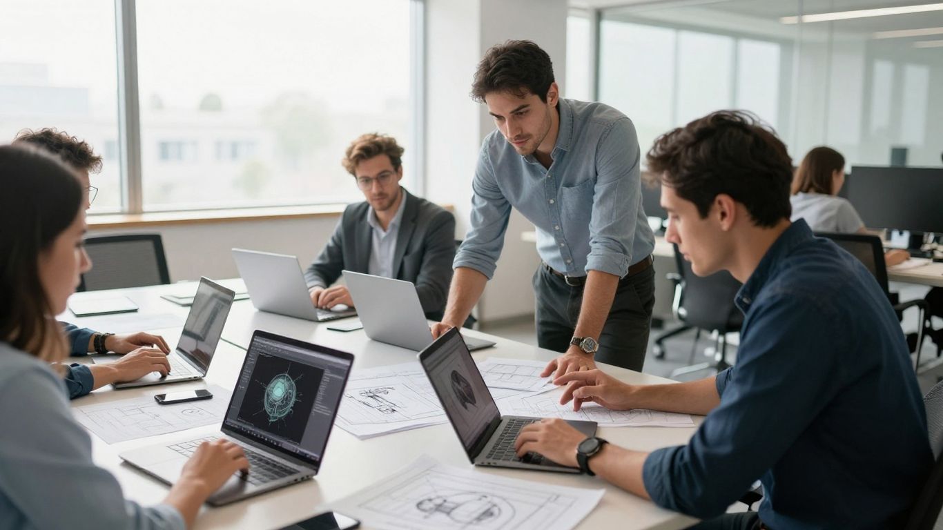 Office collaboration with 3D models and blueprints.