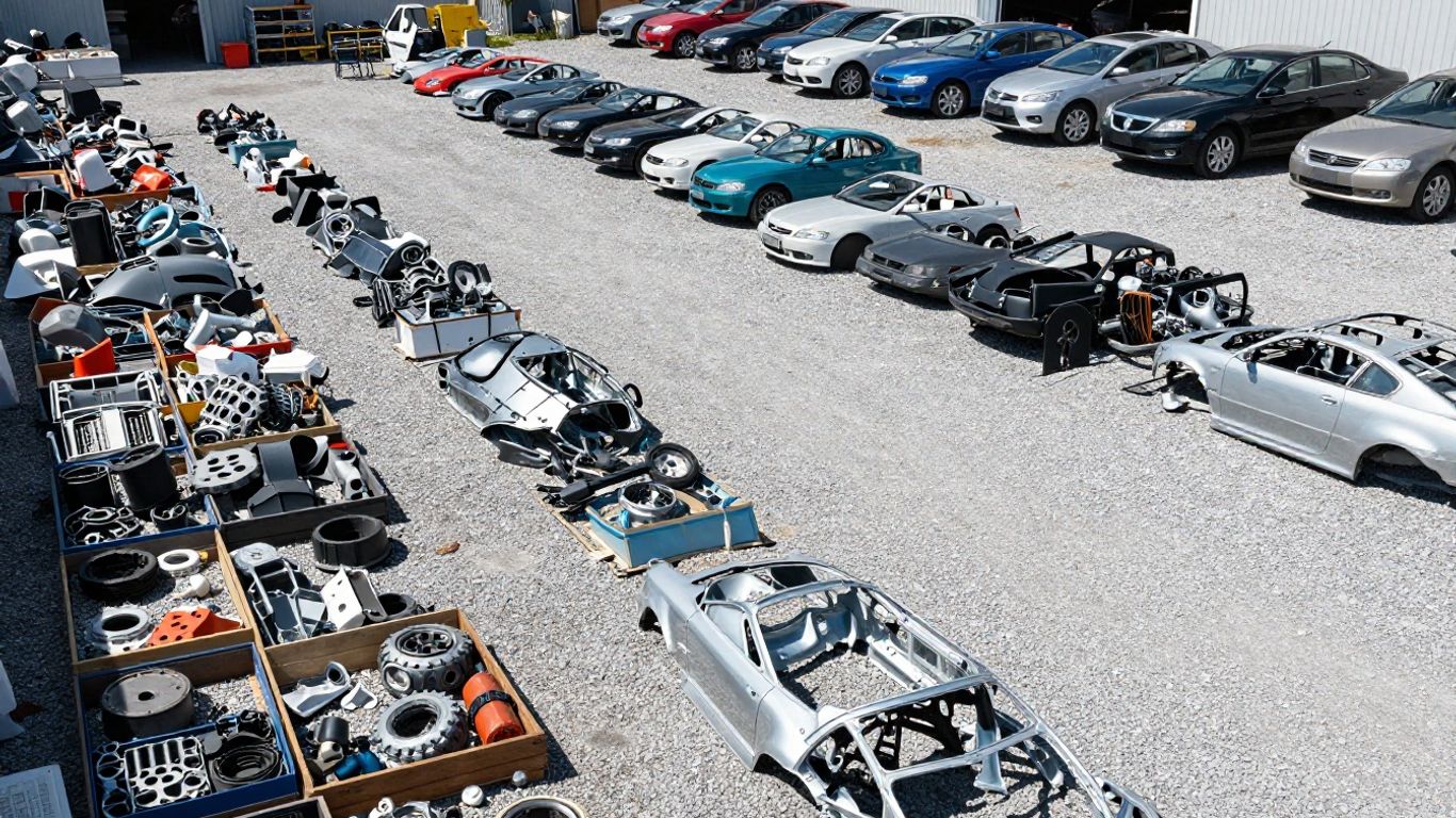 A clean and organized salvage yard structure