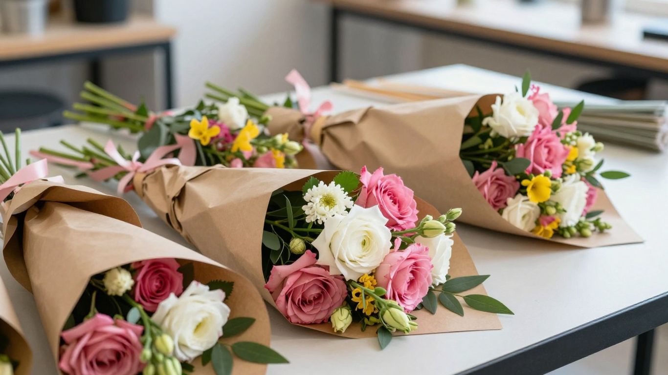 Freshly arranged flowers wrapped for local delivery