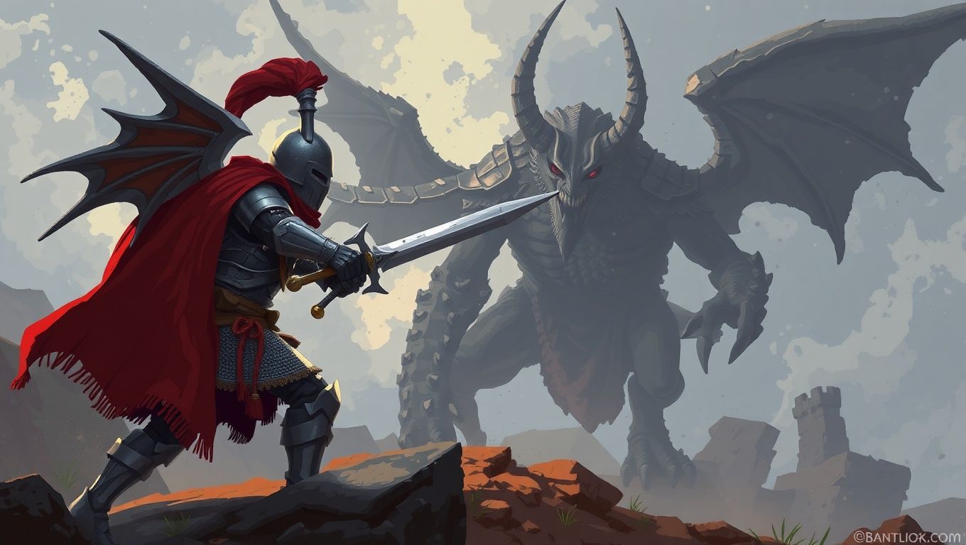 Um guerreiro pixelado enfrentando uma criatura sombria em um cenário medieval gótico