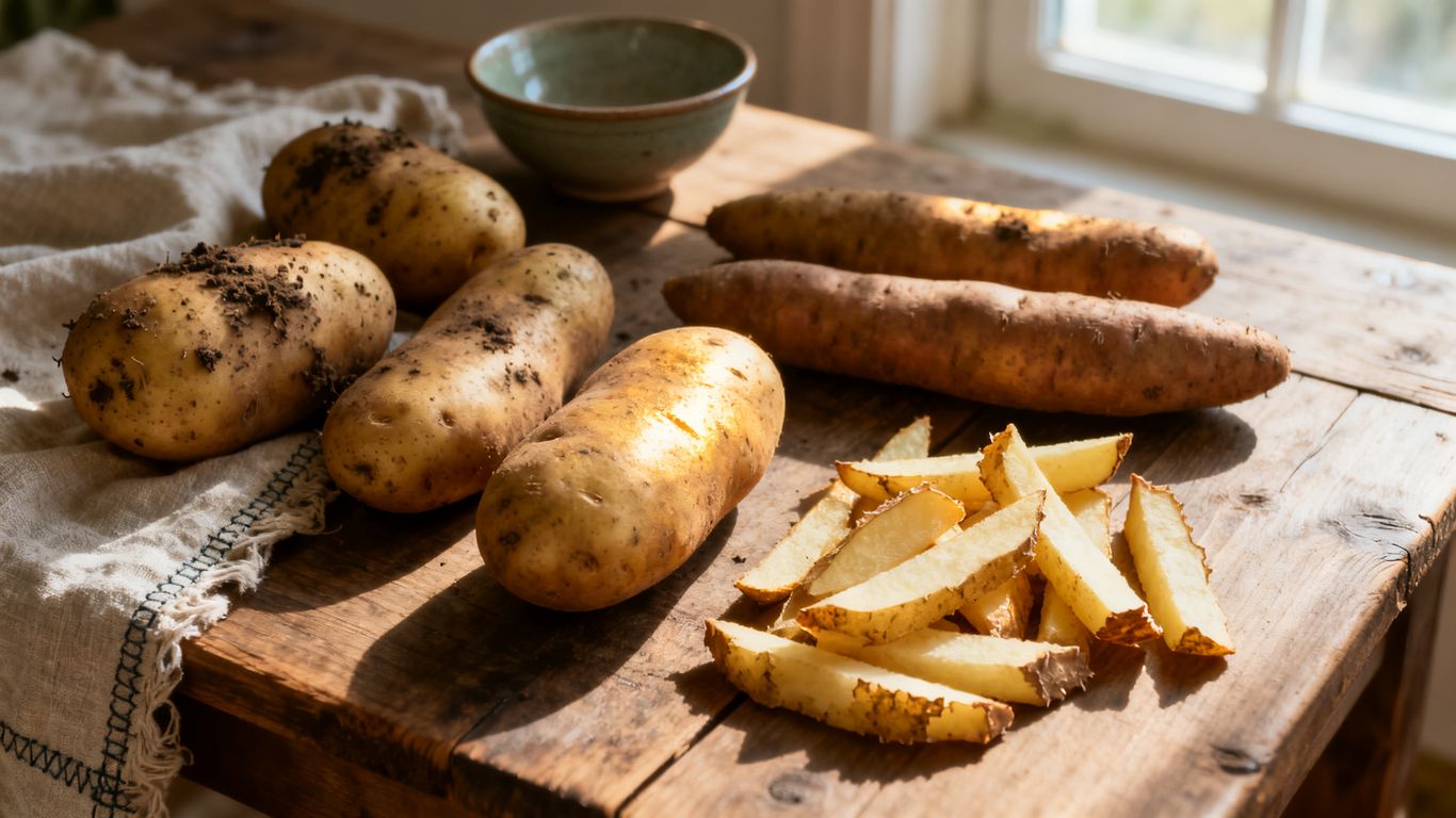 Grove biologische aardappelen naast vers gesneden frieten