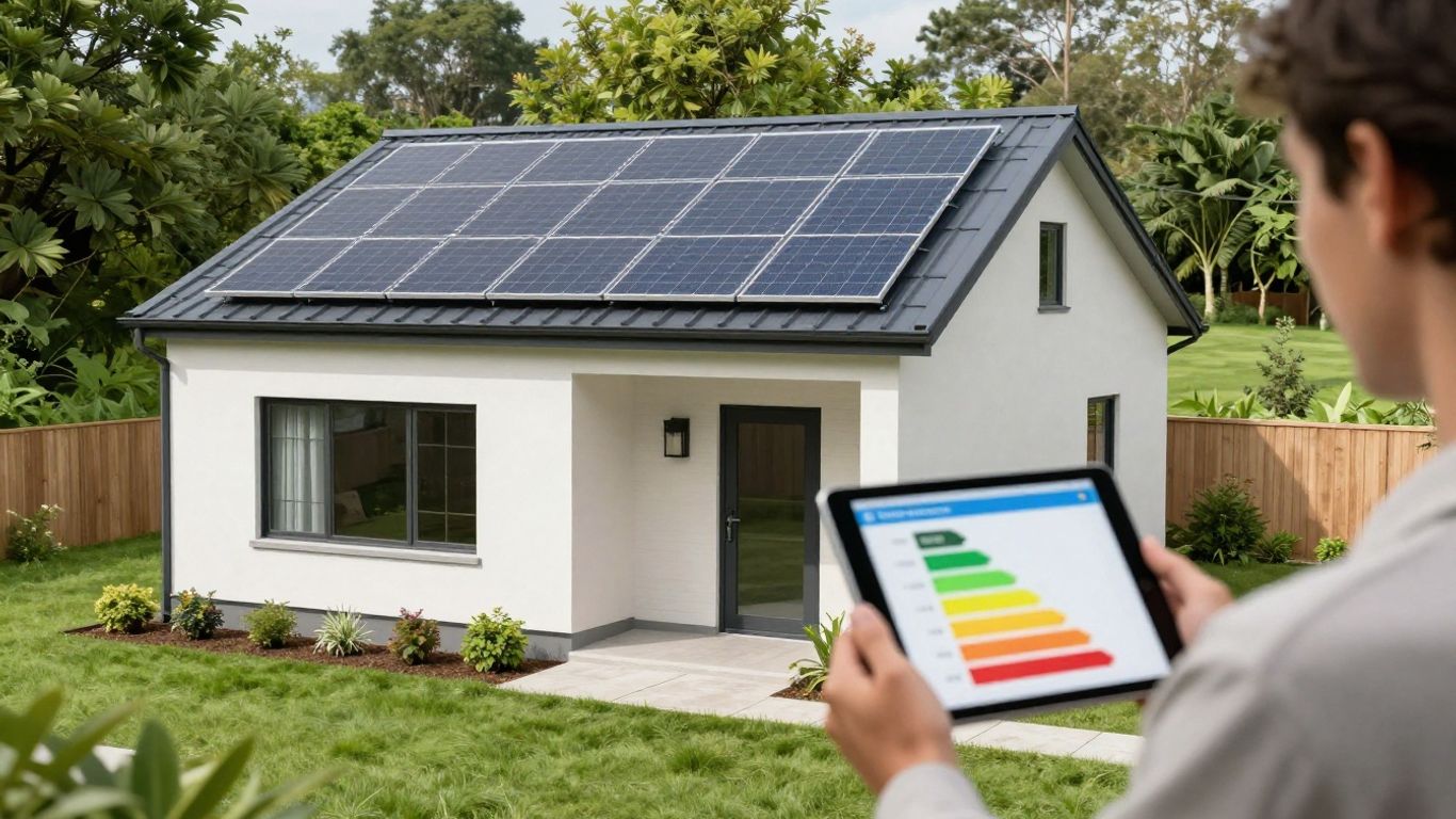 Modern house with solar panels and a person using a tablet.