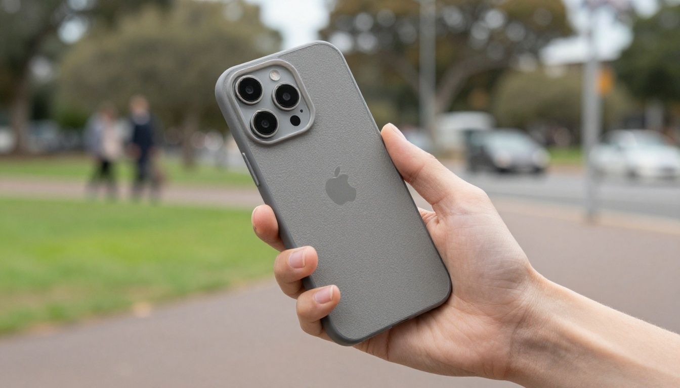 Someone holding an iPhone 16e with a textured case, confidently texting while walking through a park in Australia