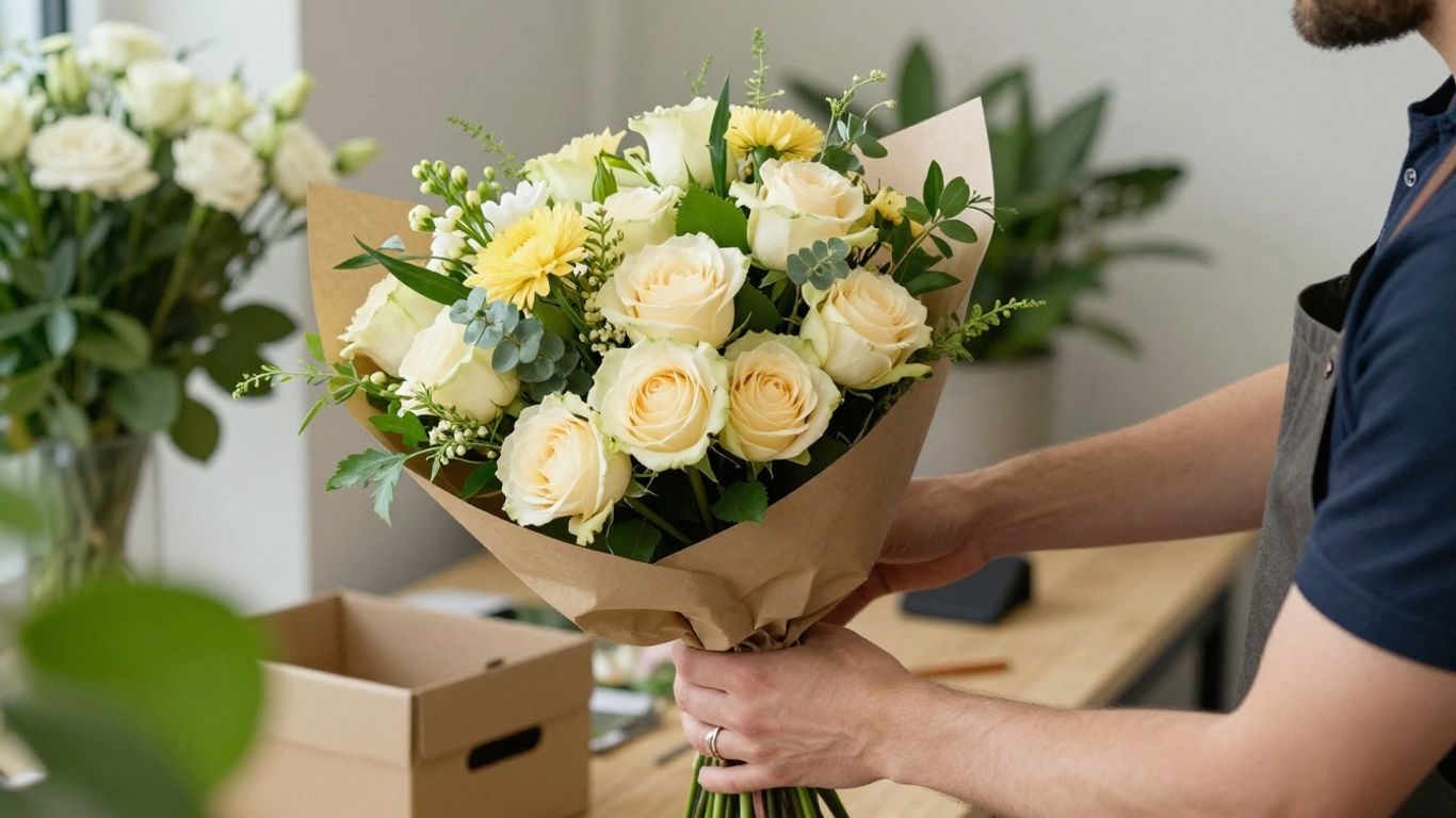 Hand-tied flowers prepared for local delivery