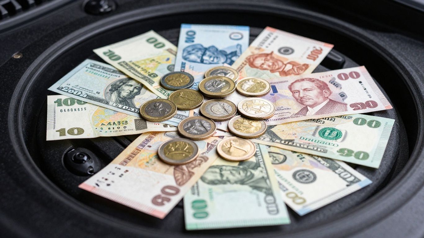 Global currency and a car's fuel cap.