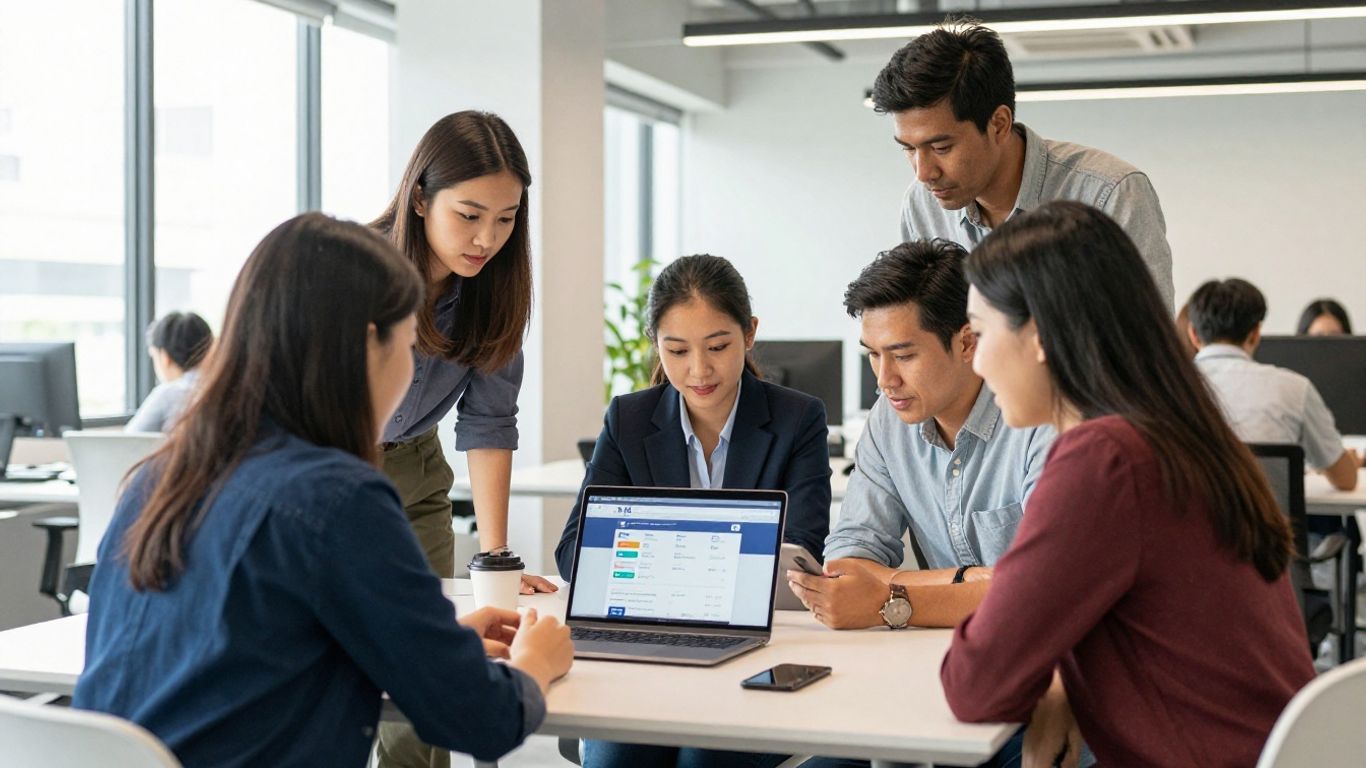 Singaporean SMEs discussing Facebook ad budgets in an office.