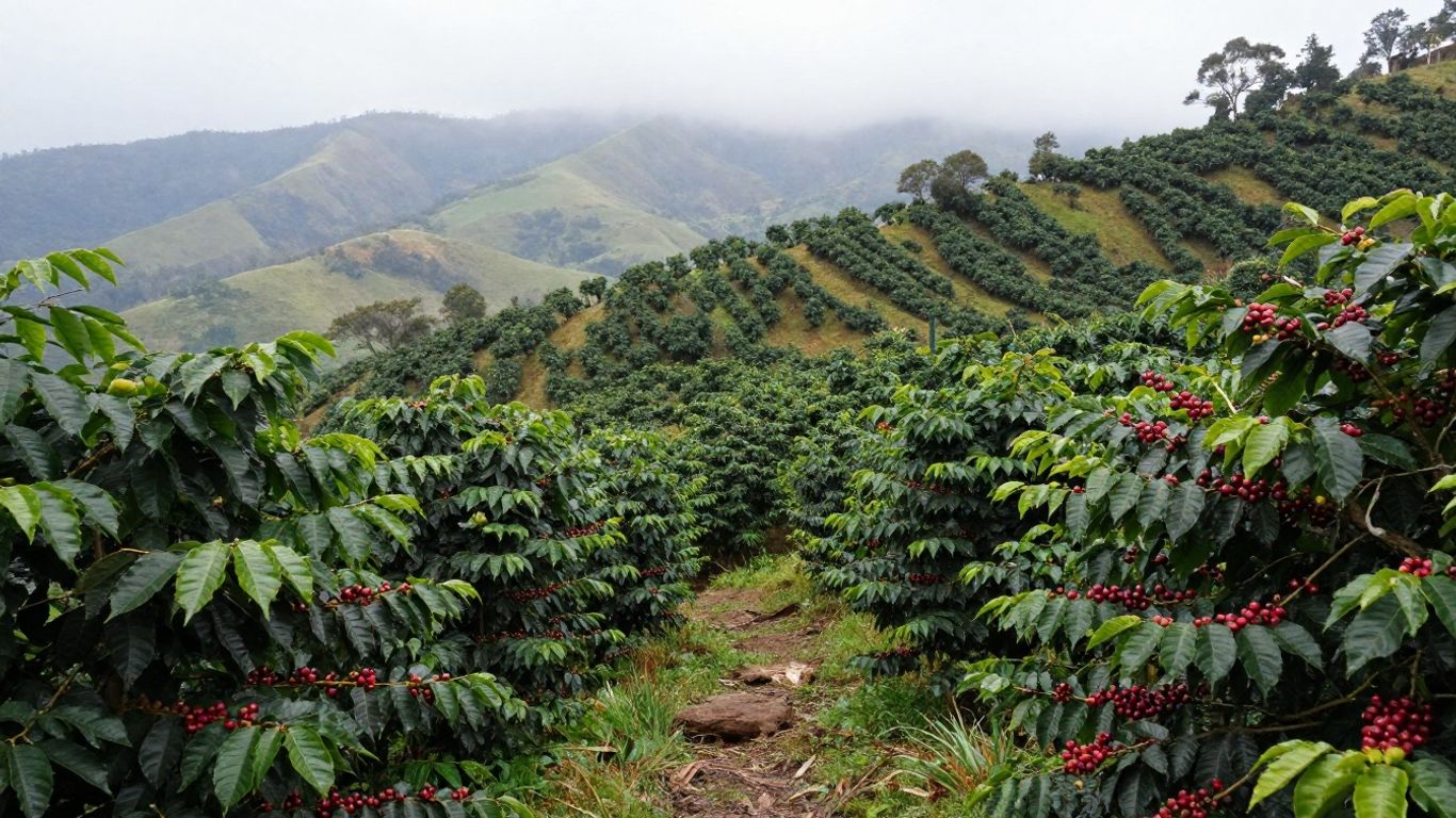 Coffee plants on a green hillside near Medellín