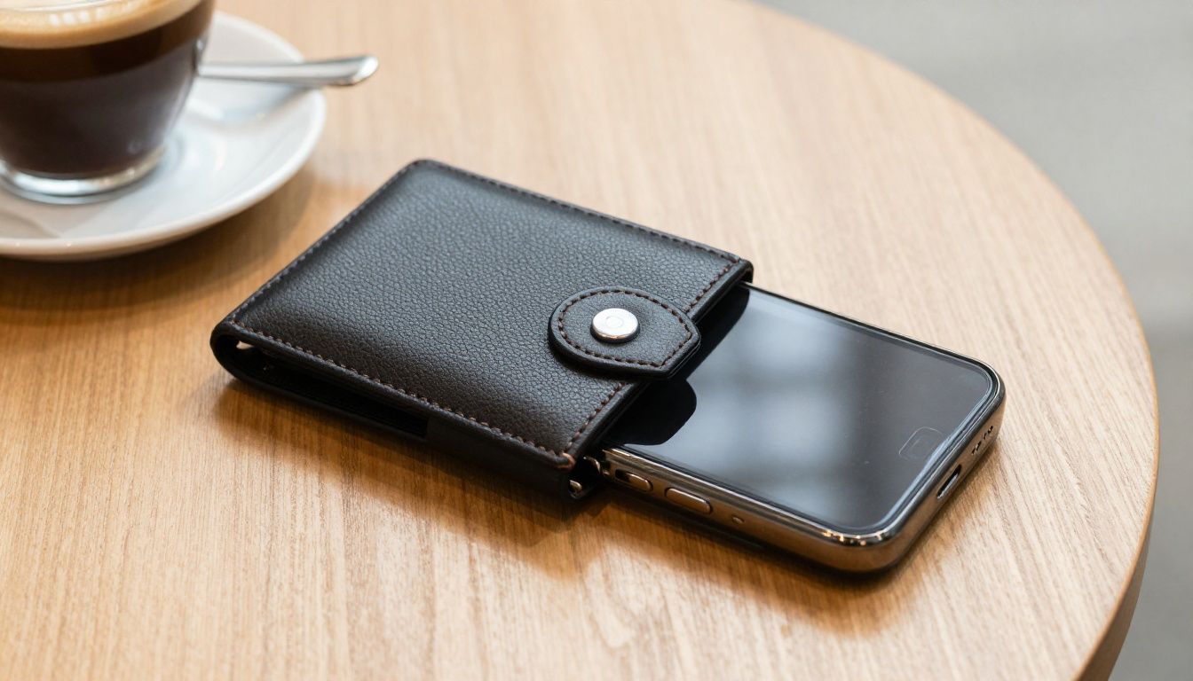 Someone paying for a coffee at a Melbourne cafe using their phone, which is in a sleek leather wallet case.