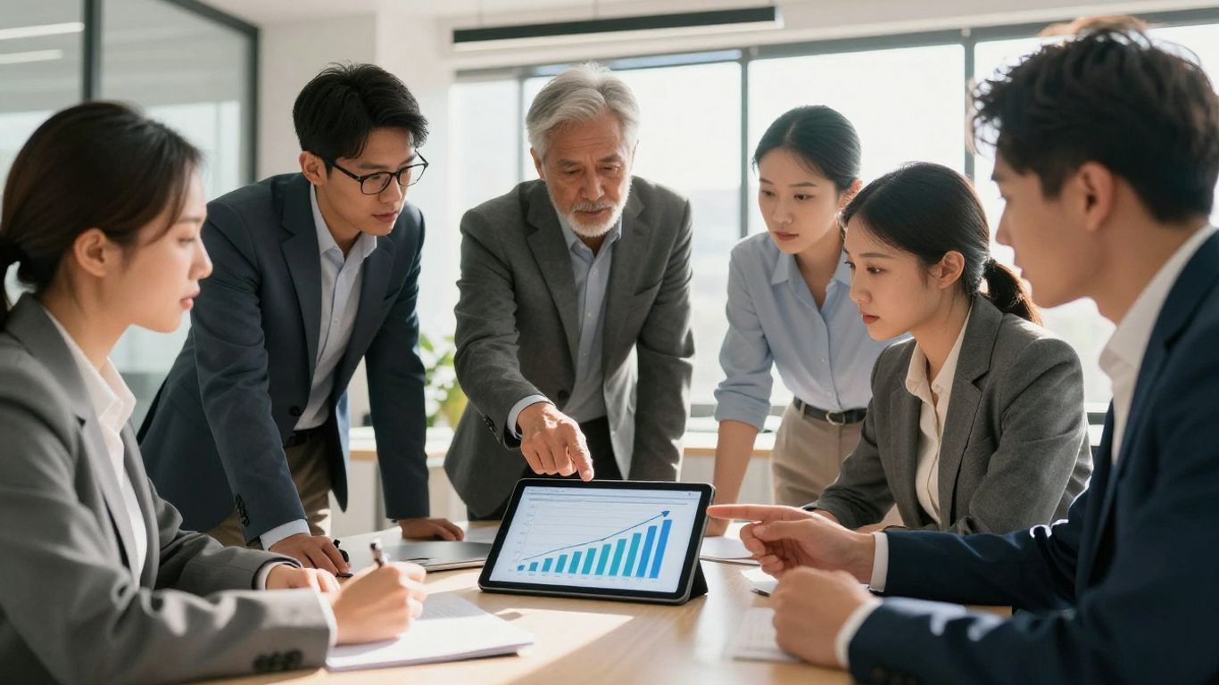 Business professionals discussing growth strategies around a table.