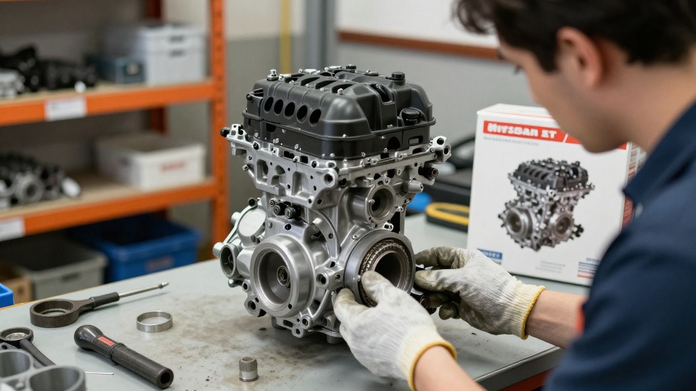 Mechanic inspecting used Nissan replacement parts