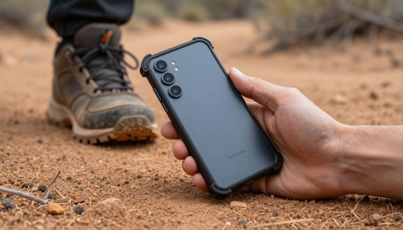 A person hiking on a dusty trail in the Australian bush, checking their Galaxy S26 Ultra in a rugged, heavy-duty case.