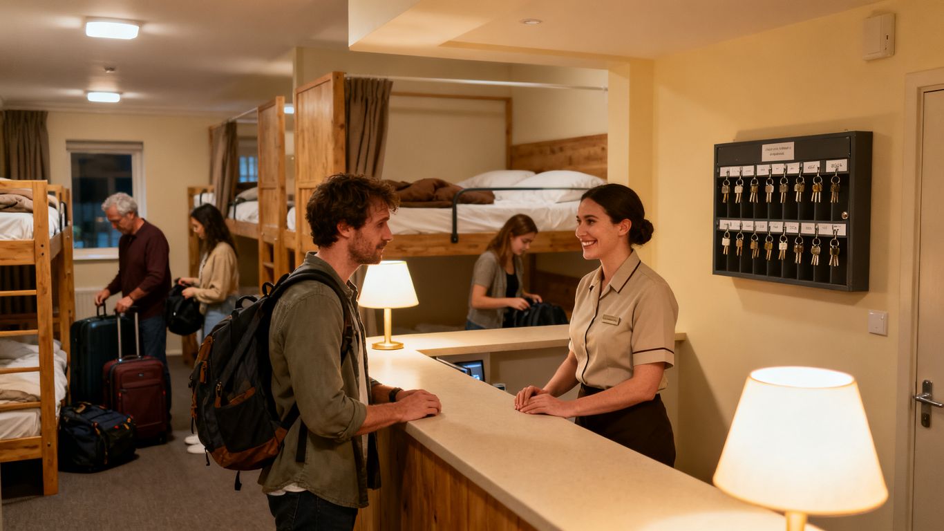 Night concierge welcoming a late hostel guest