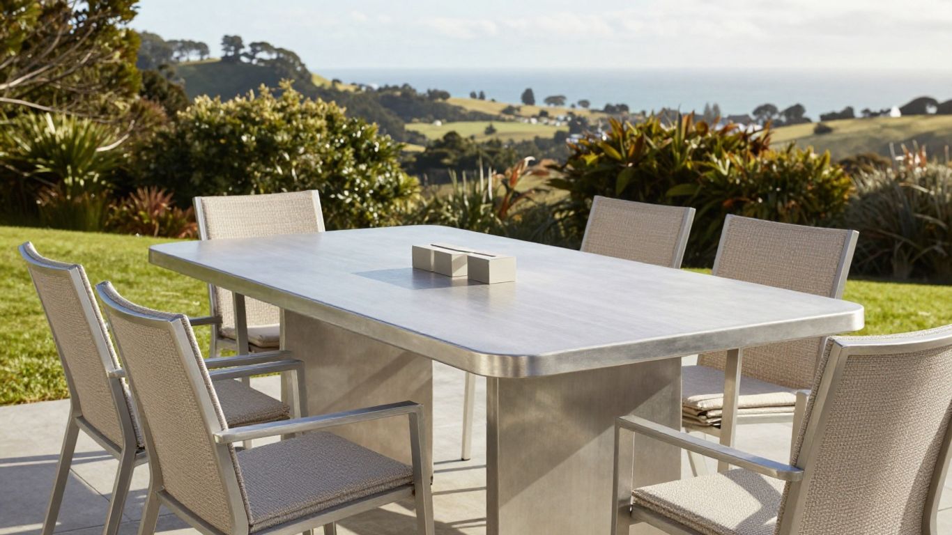 Outdoor dining table on a sunny New Zealand deck