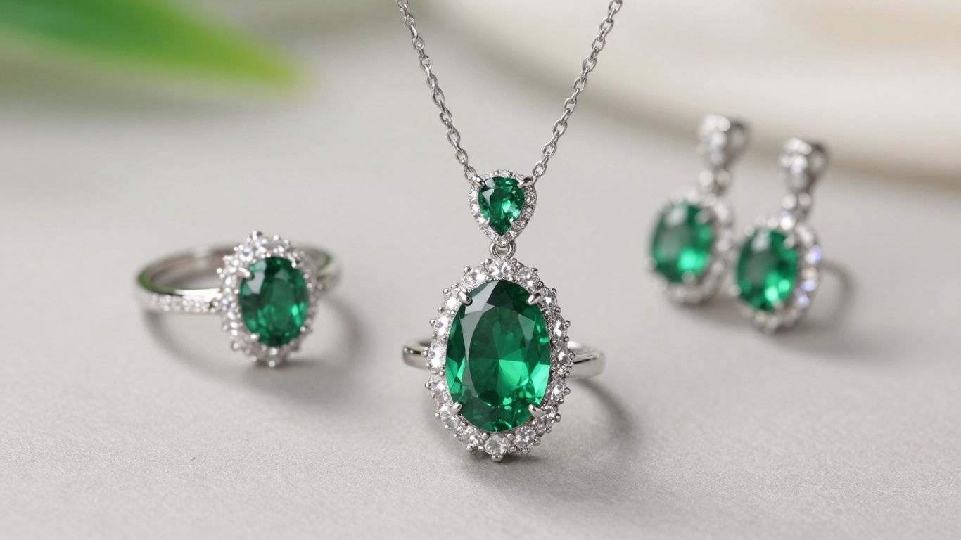 Emerald jewellery: rings, necklaces, and earrings.