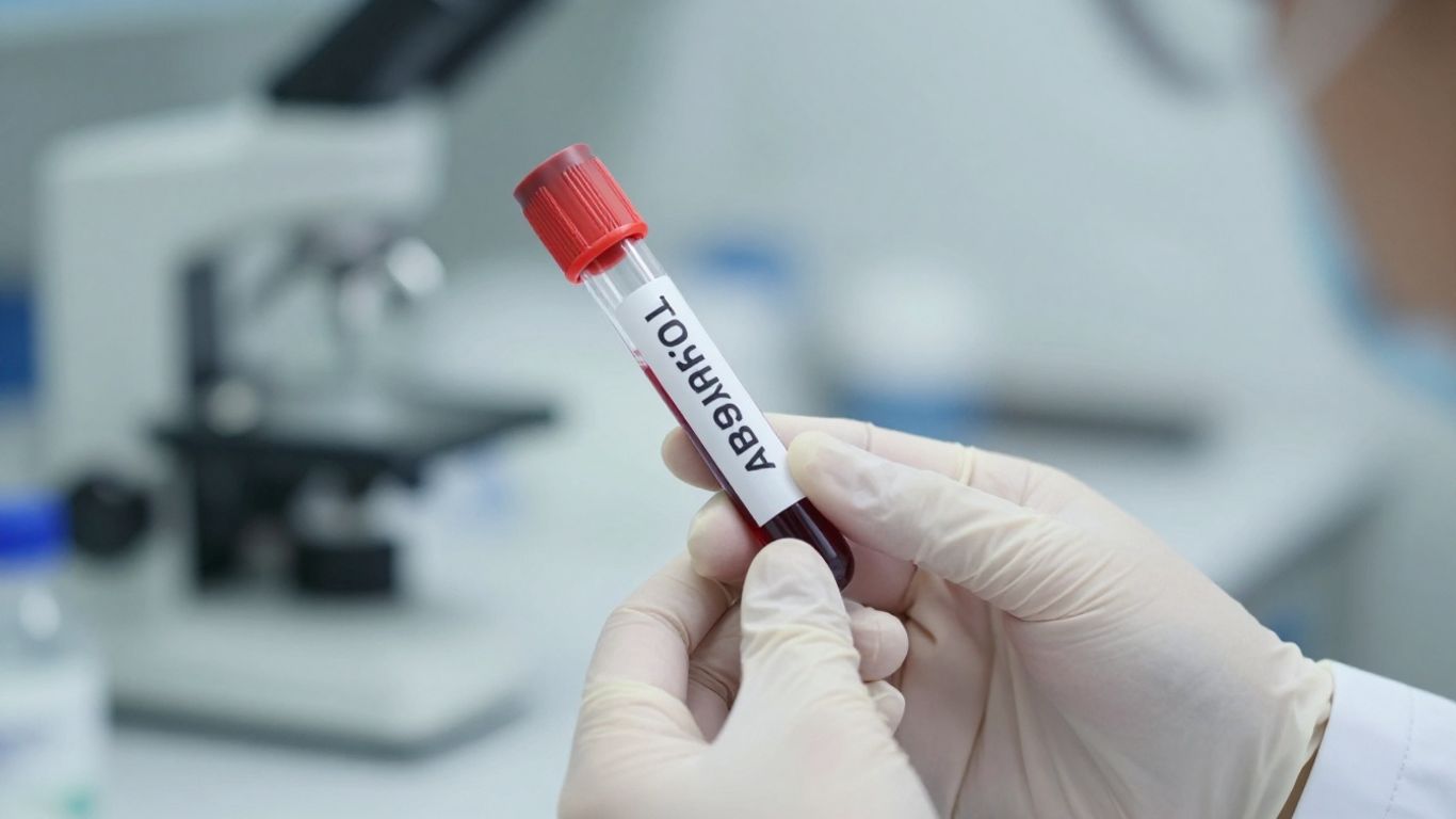 Blood sample tube held by medical professional.