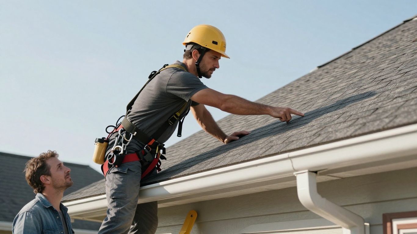 Roofer inspecting a house roof with homeowner watching.