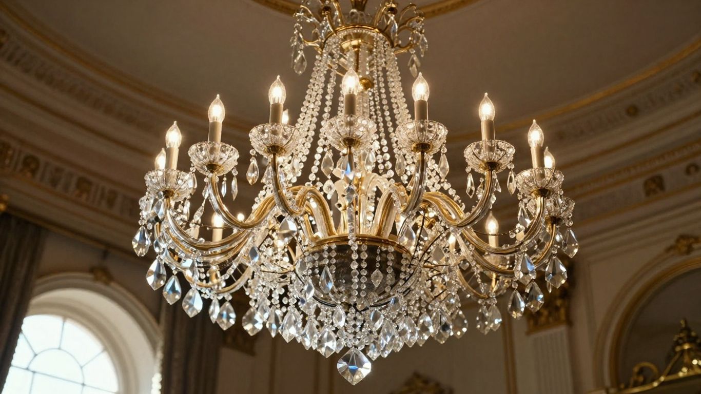 Extra large chandelier hanging from a high ceiling.