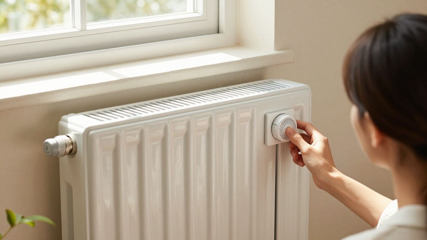 Radiateur électrique dans un salon moderne, main ajustant le thermostat.