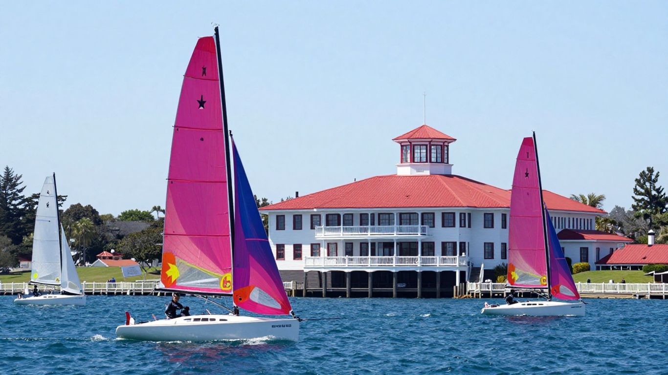 Sailboats racing in Newport Harbor with clubhouse in background.