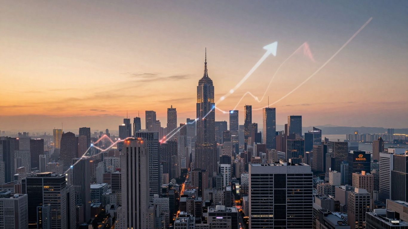 Financial markets cityscape with upward light trails.