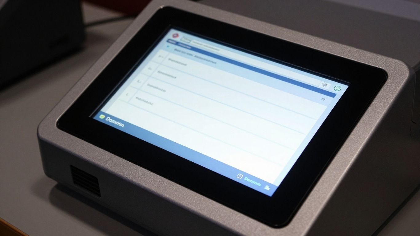 Dominion voting machine touchscreen interface with ballot options.