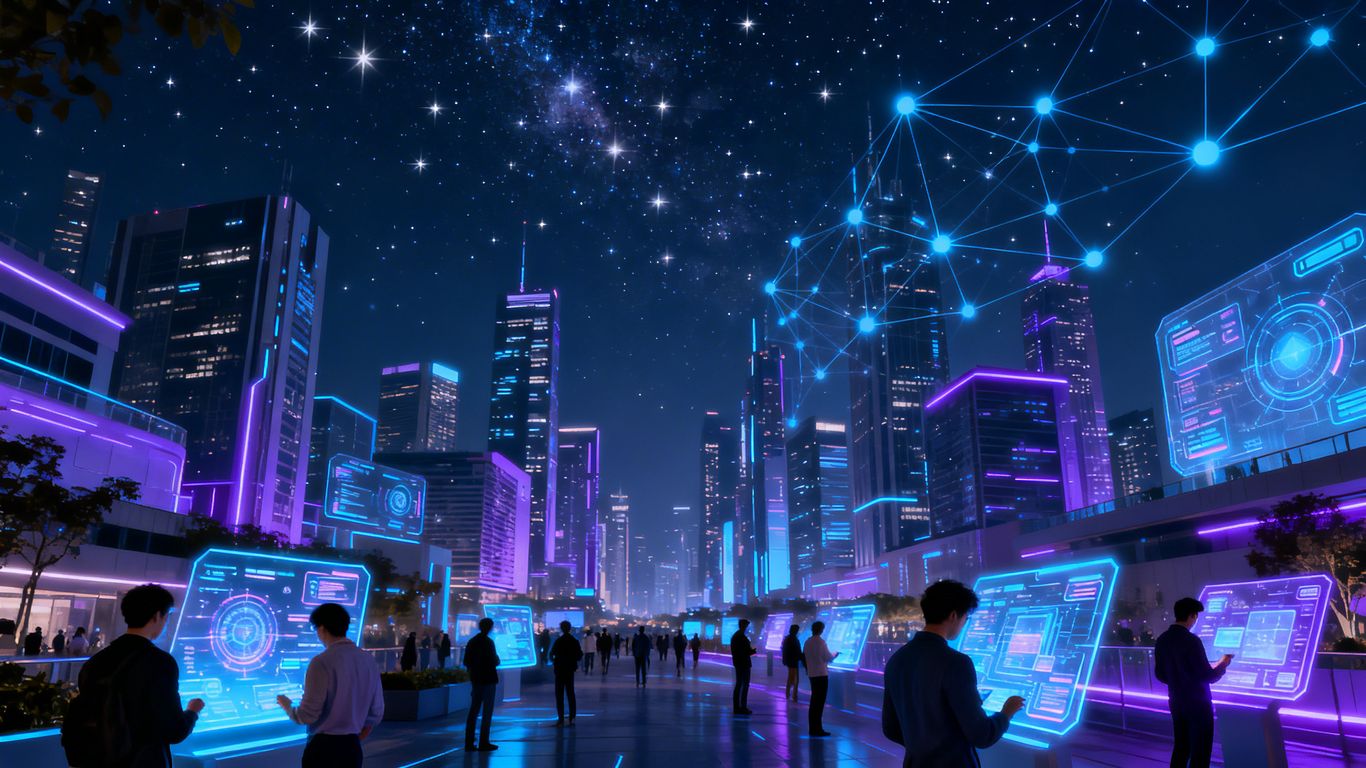 Futuristic city with digital interfaces and blue-purple lighting