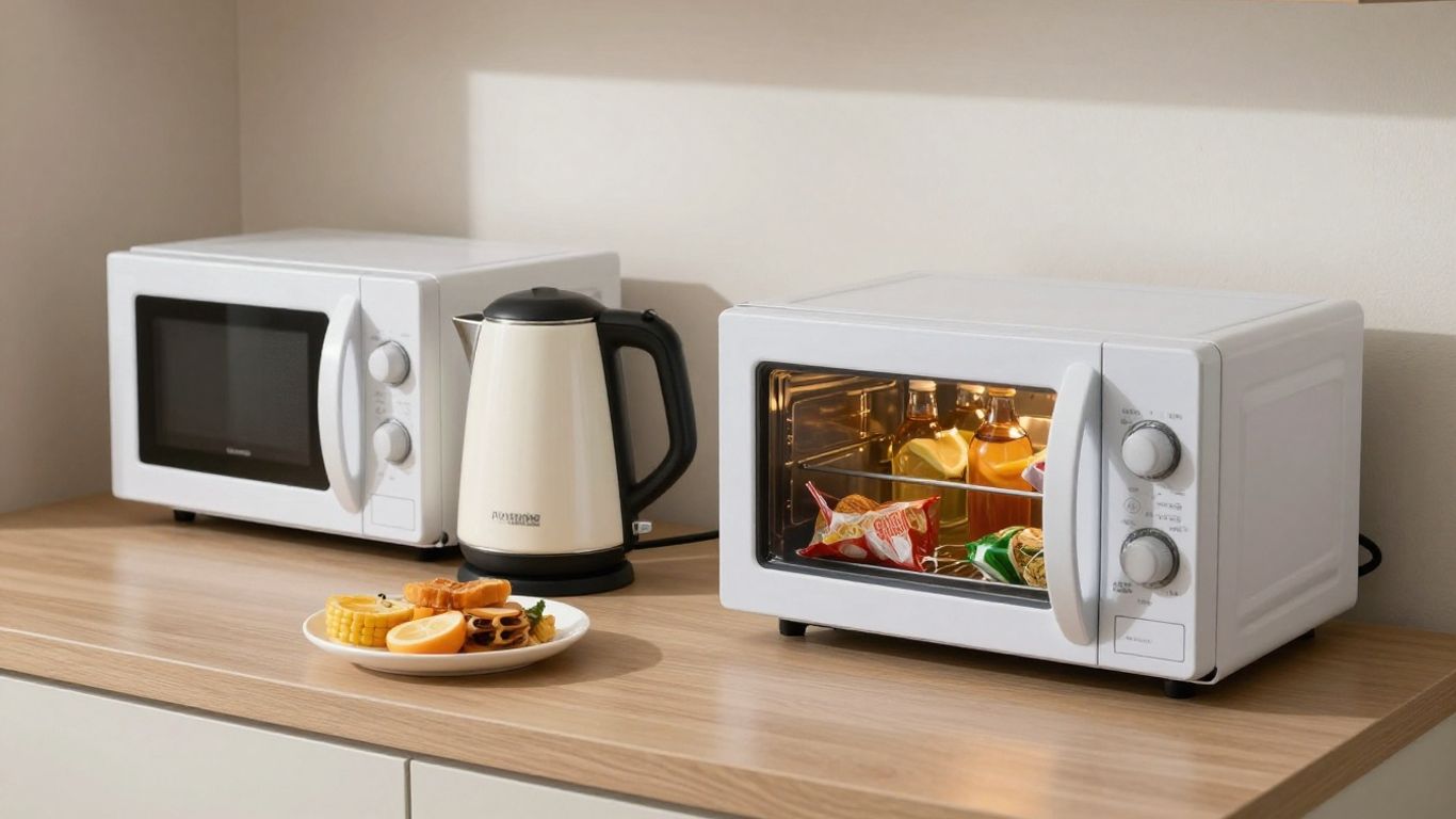 Hotel room cooking with kettle, microwave, and mini-fridge.