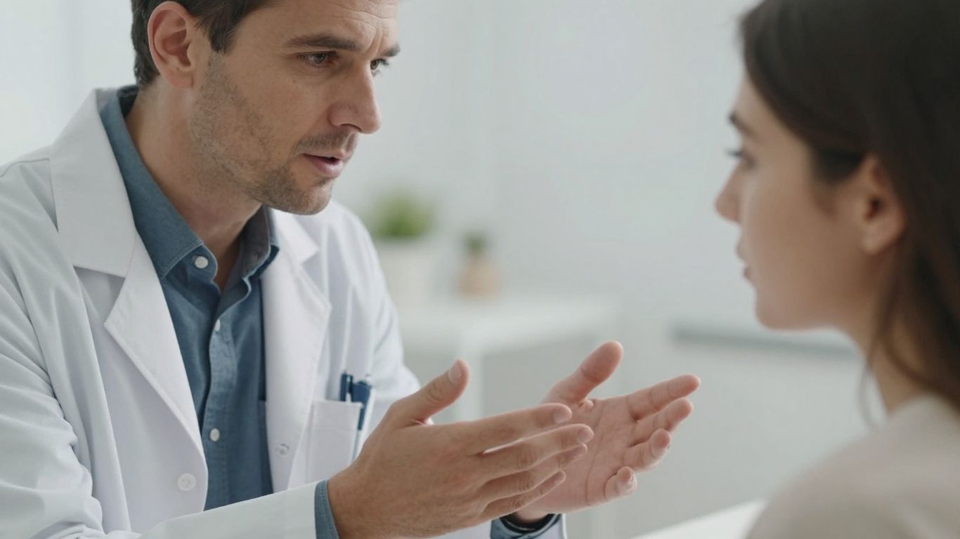 Medicul explică informații medicale pacientului cu atenție.