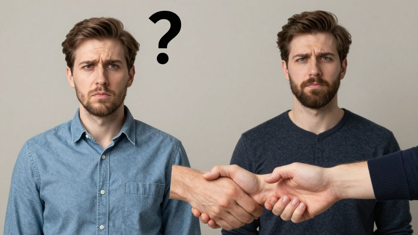 Question mark over concerned person, handshake implies legitimacy.