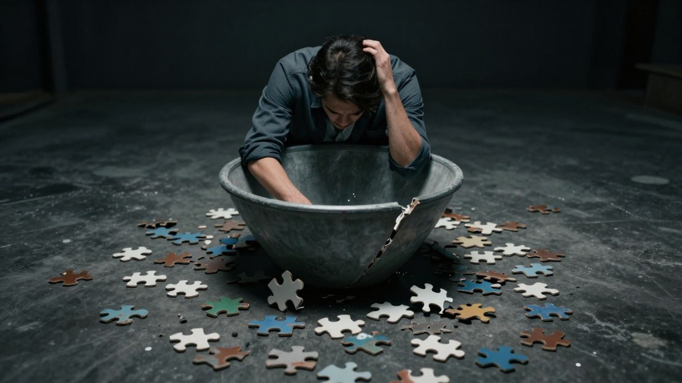 Broken marketing funnel with scattered puzzle pieces.