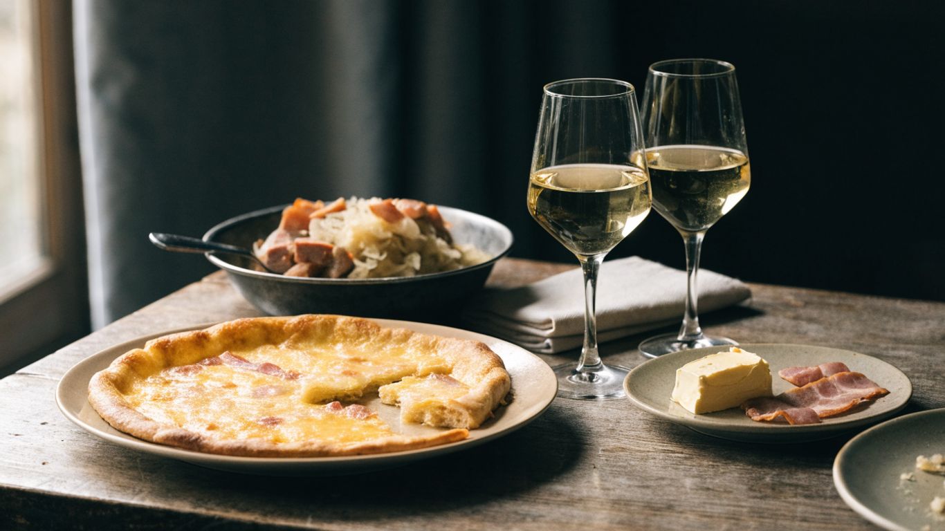 Alsatian dishes and wine on a rustic table