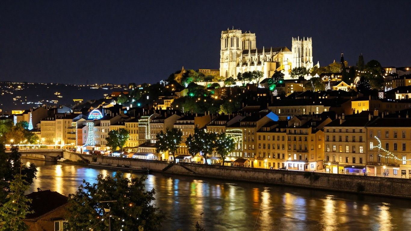 Lyon cityscape illuminated by Festival of Lights at night