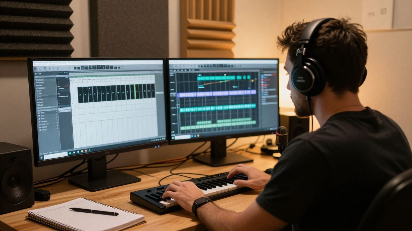 A musician reviewing generated audio in studio