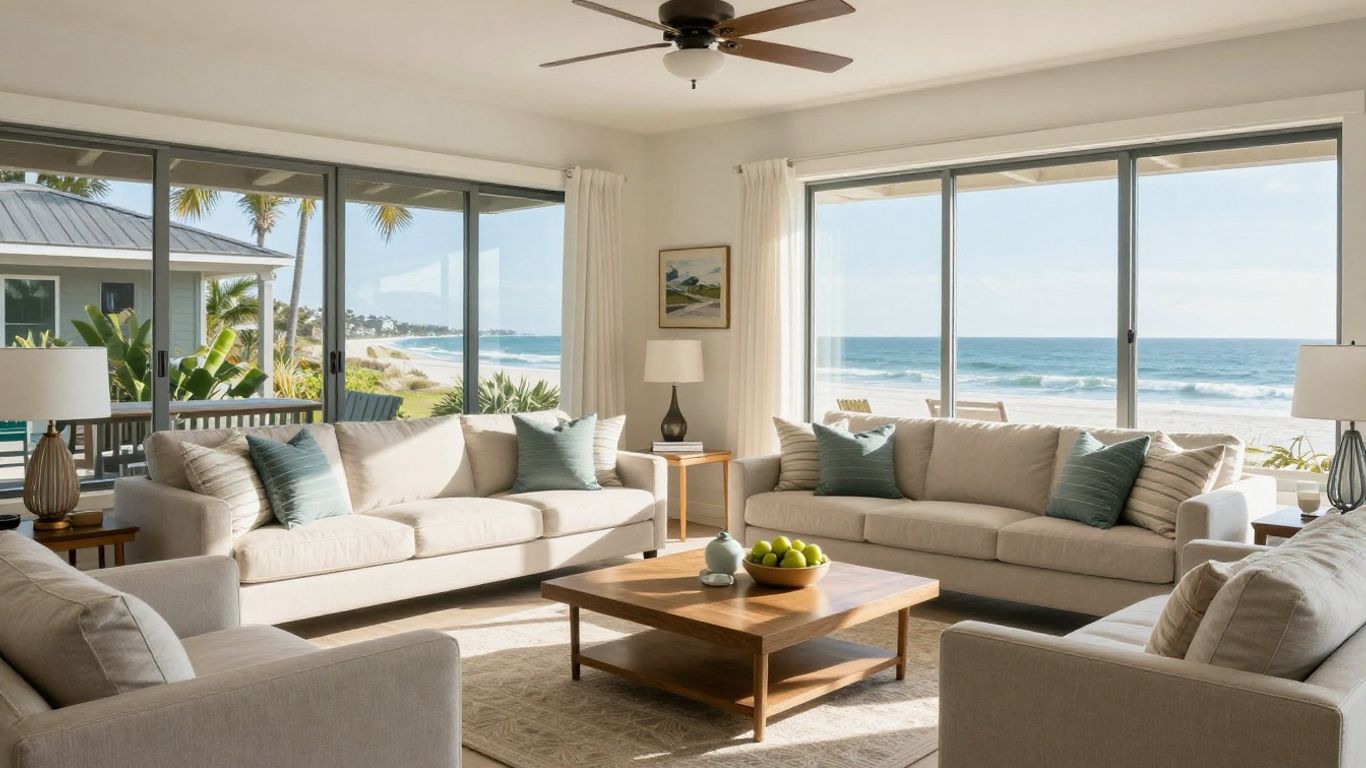 Coastal living room with modern furniture for Airbnb.