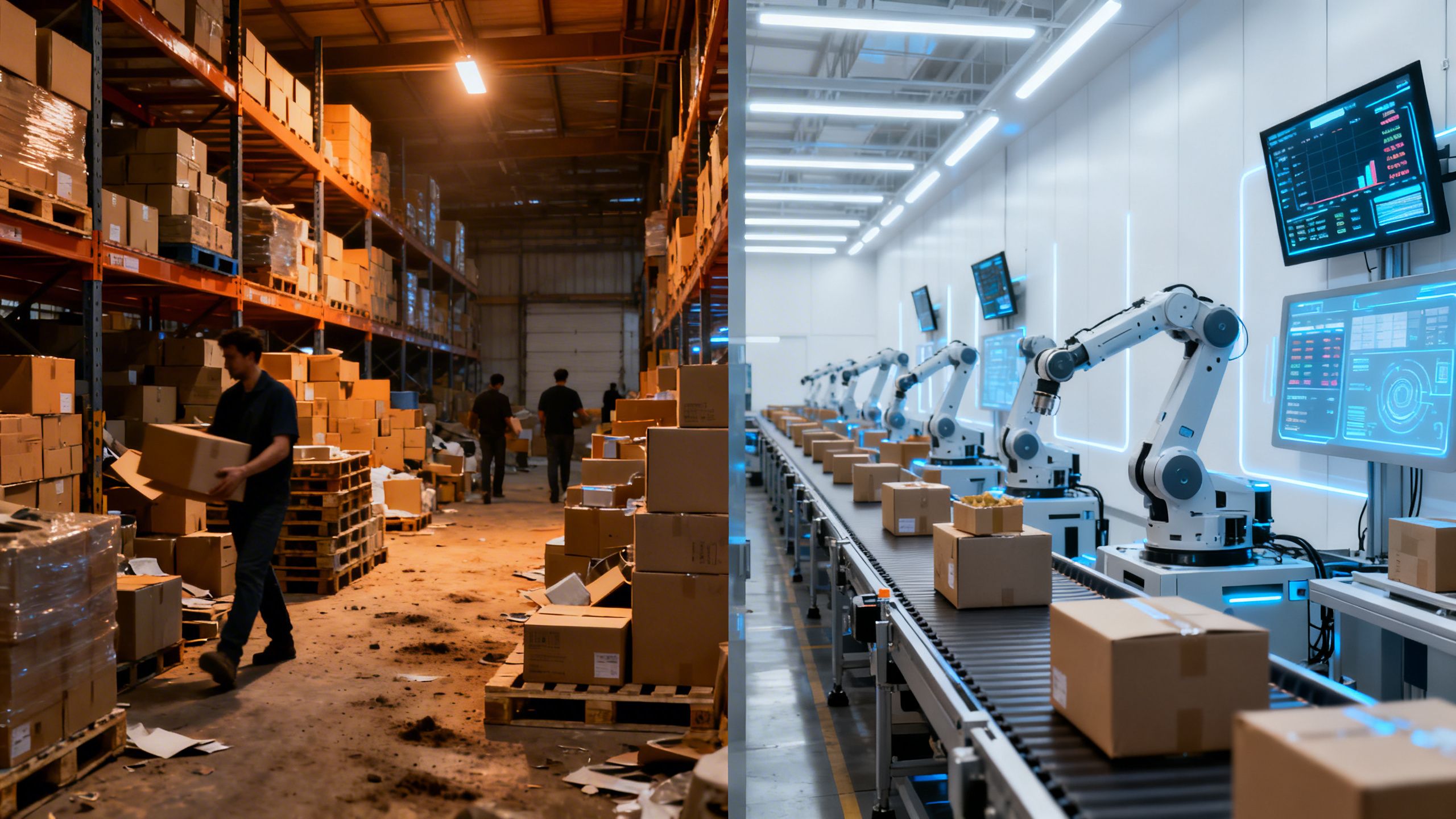 A split-screen image showing a chaotic, cluttered warehouse on the left and a hyper-organized, automated warehouse managed by AI on the right.
