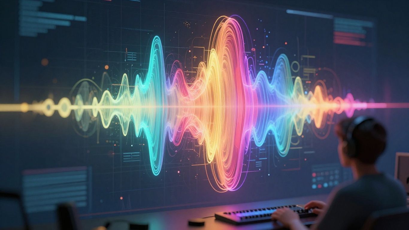 AI music generation with sound waves and abstract patterns.