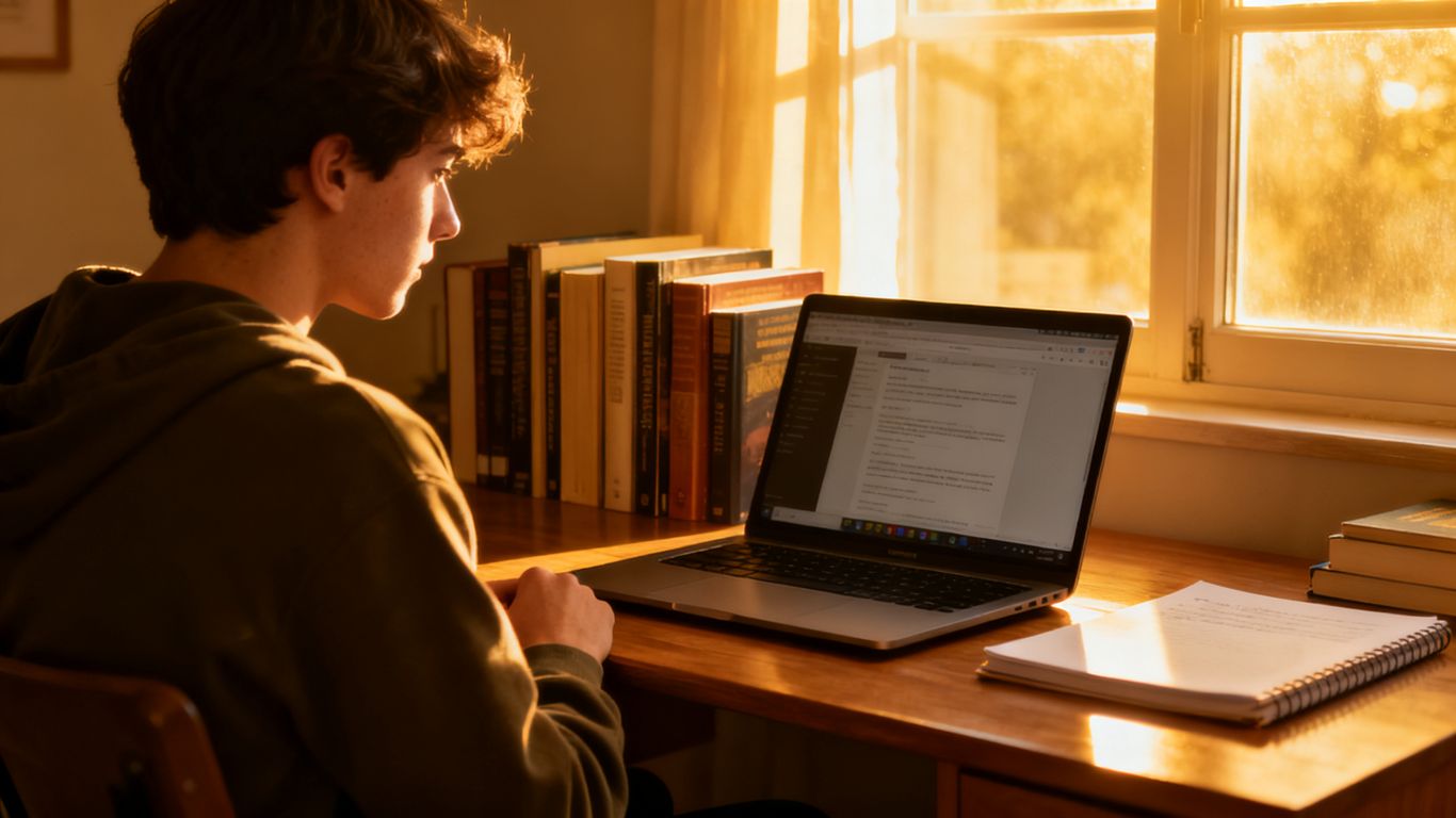 Student studying diligently at a desk with books and laptop.