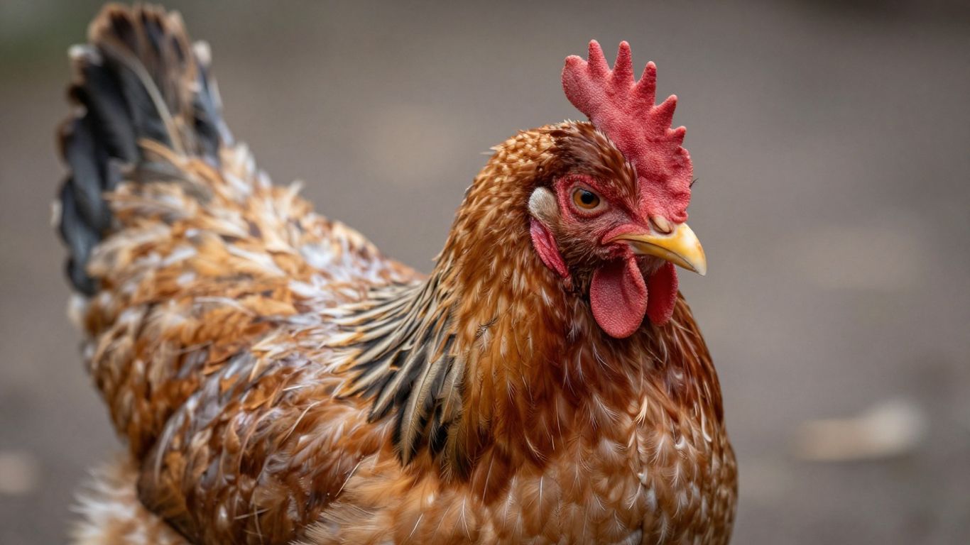 Zestresowany kurczak z nastroszonymi piórami.