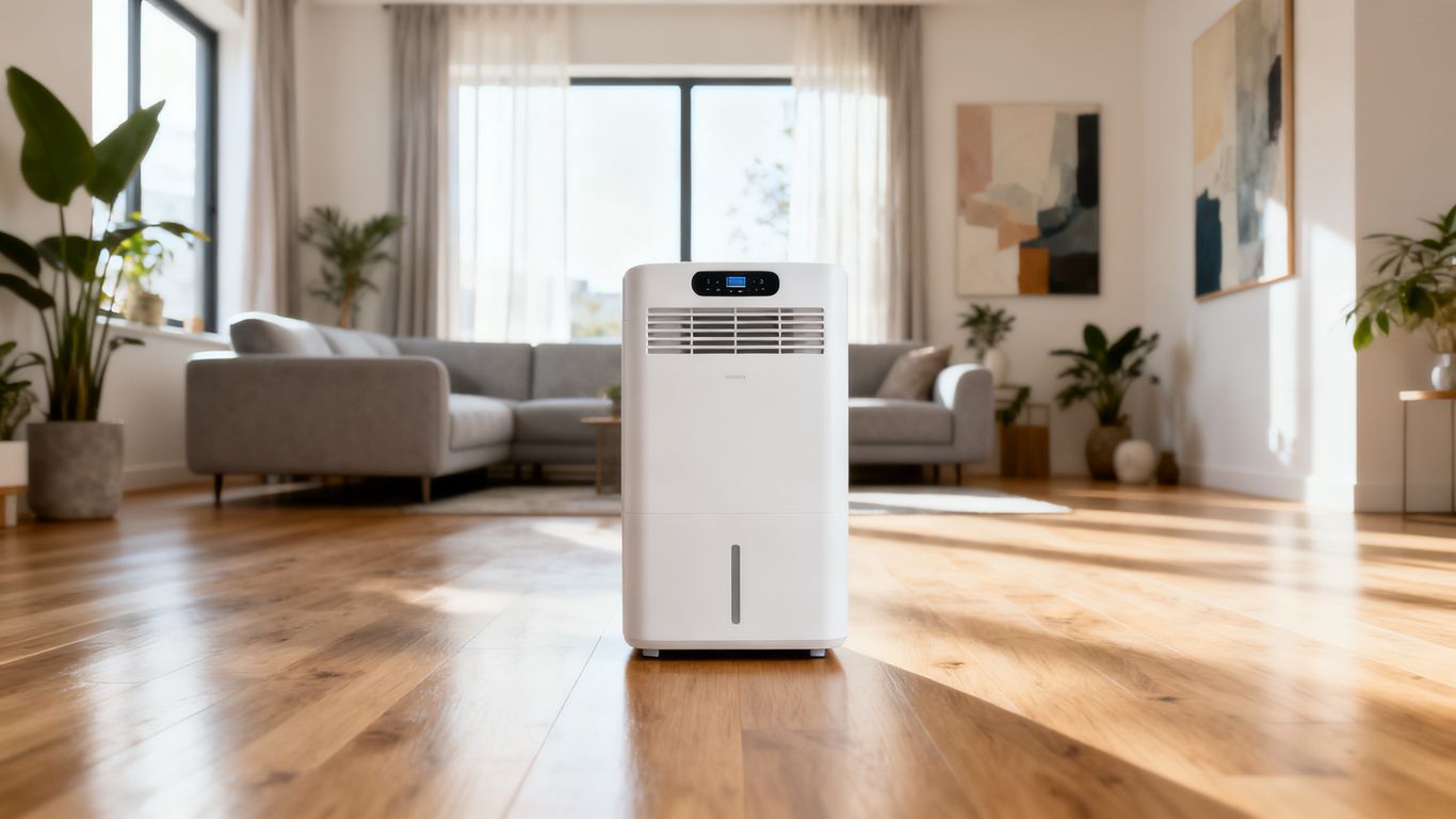 A modern apartment space featuring an Aerofy dehumidifier
