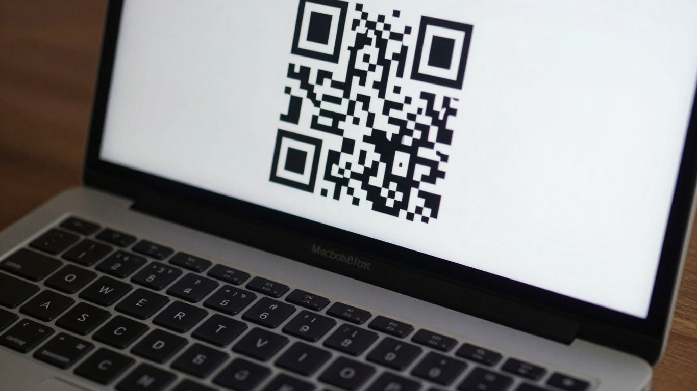 MacBook screen showing a QR code.