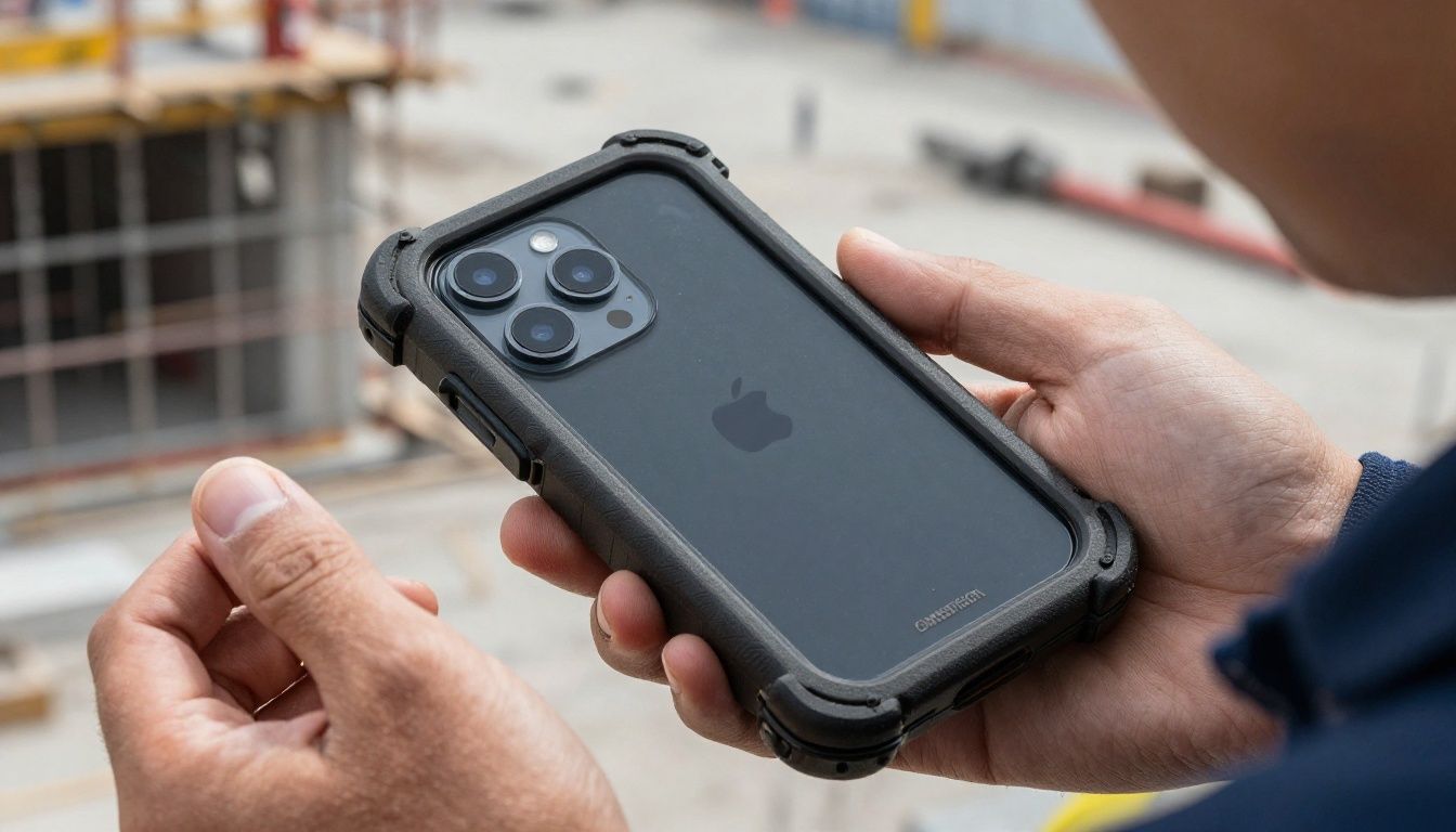 A tradie in high-vis workwear using their iPhone 16e on a construction site, with the phone in a rugged, protective case.