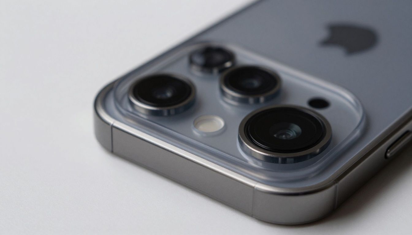A close-up view of an iPhone 17 Pro Max in a protective case, highlighting the raised edge that safeguards the camera lenses.