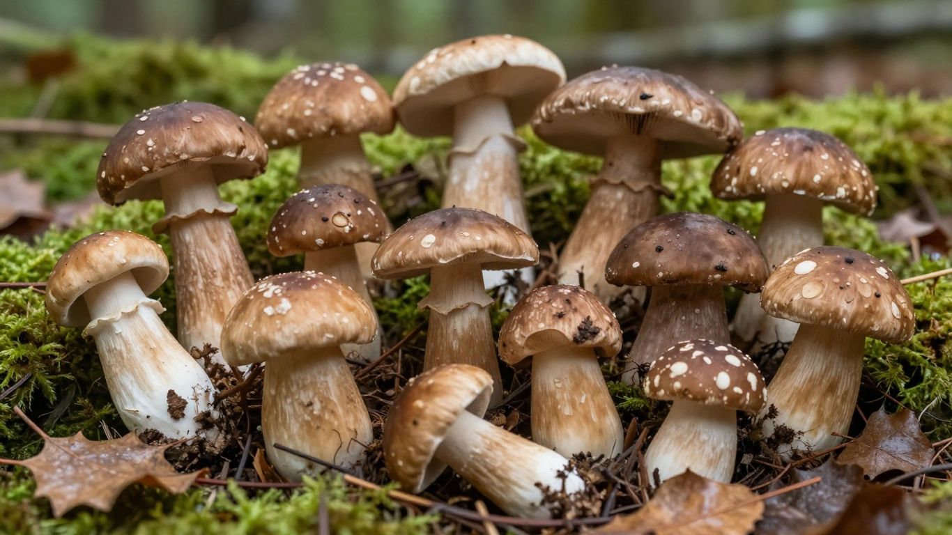 Cogumelos comestíveis portugueses em ambiente natural.