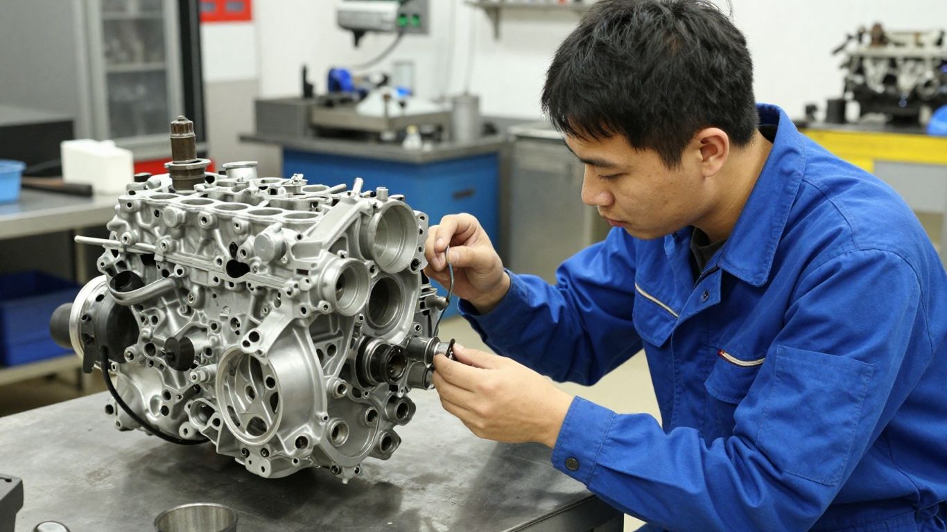A technician inspecting recycled automotive engine parts