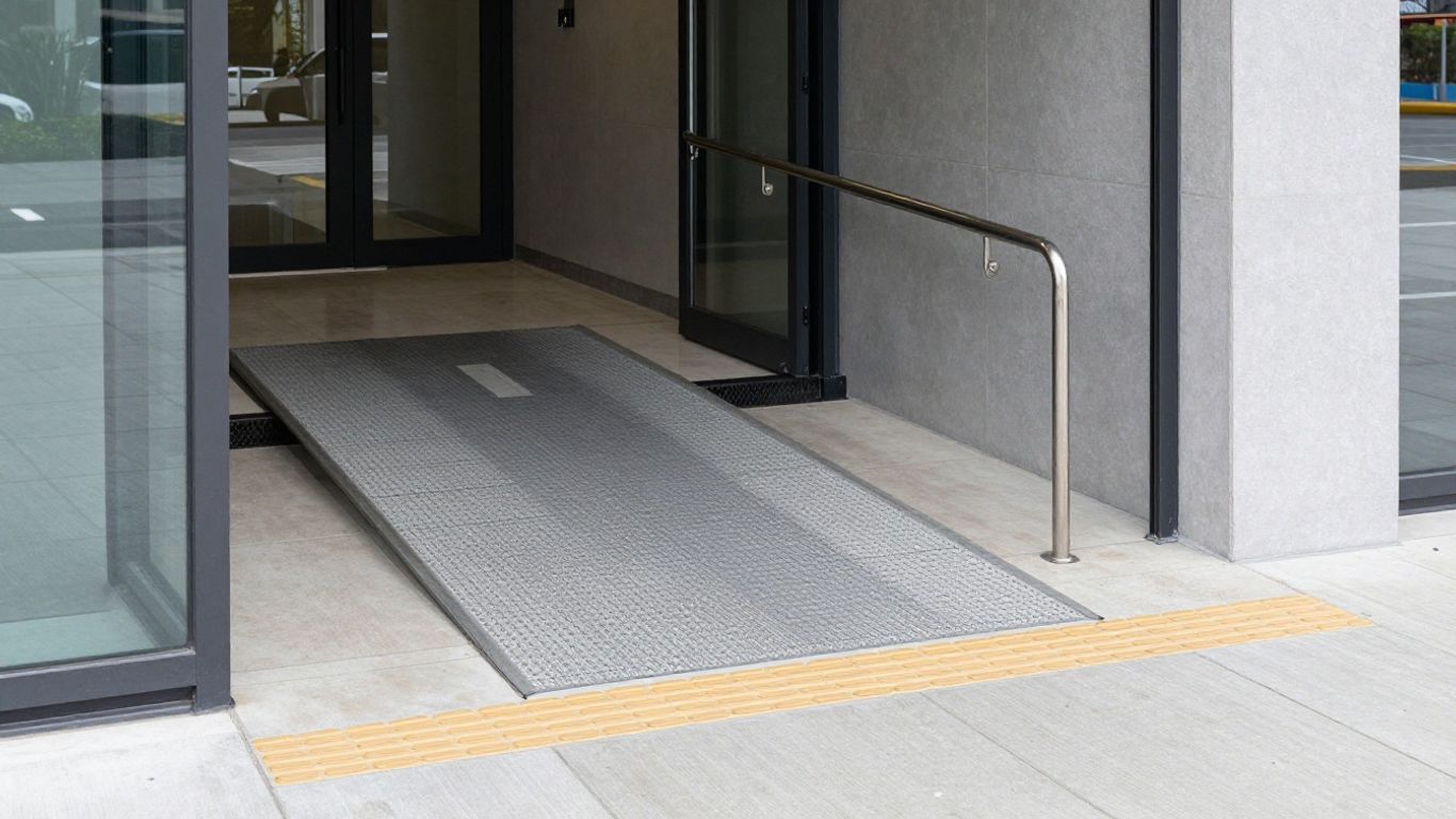 Accessible building entrance with ramp and tactile paving.