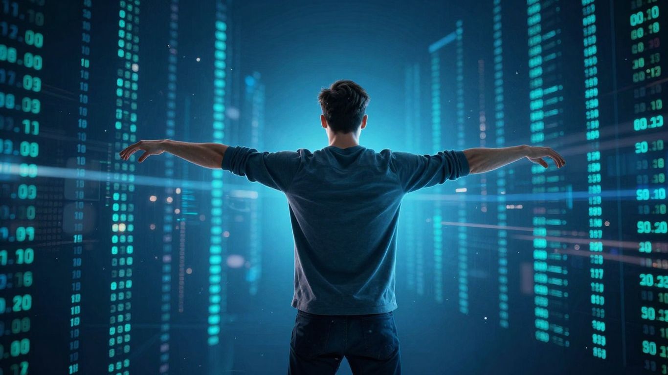 Person standing strong against digital data storm