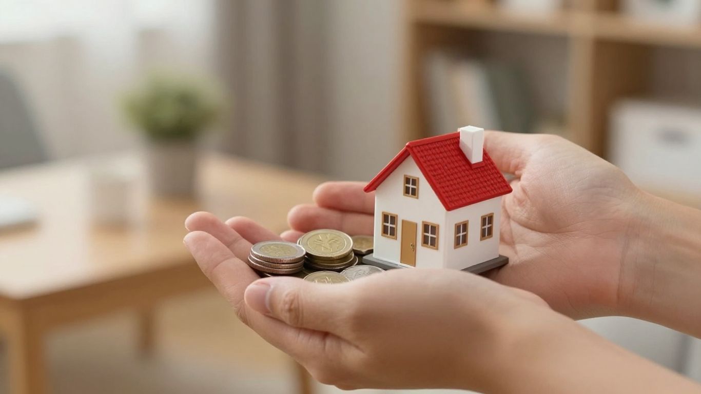 Hands holding coins and a house model for foundation repair financing.